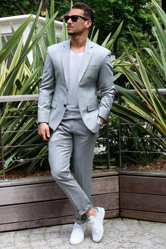 slate gray Suit with contrast Sneakers | SOLETOPIA