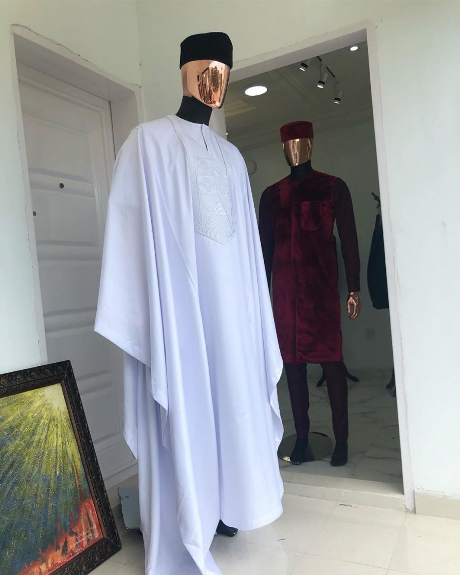Tailored dotted white agbada with osibajo wool hat