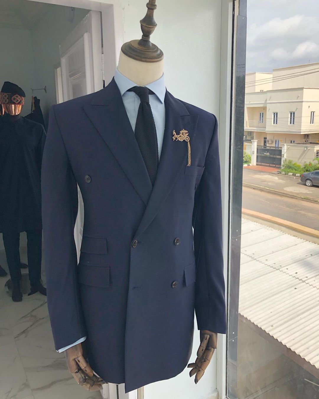 Buy Navy Blue Double Breasted Suit With Gold Detailing - Deji & Kola