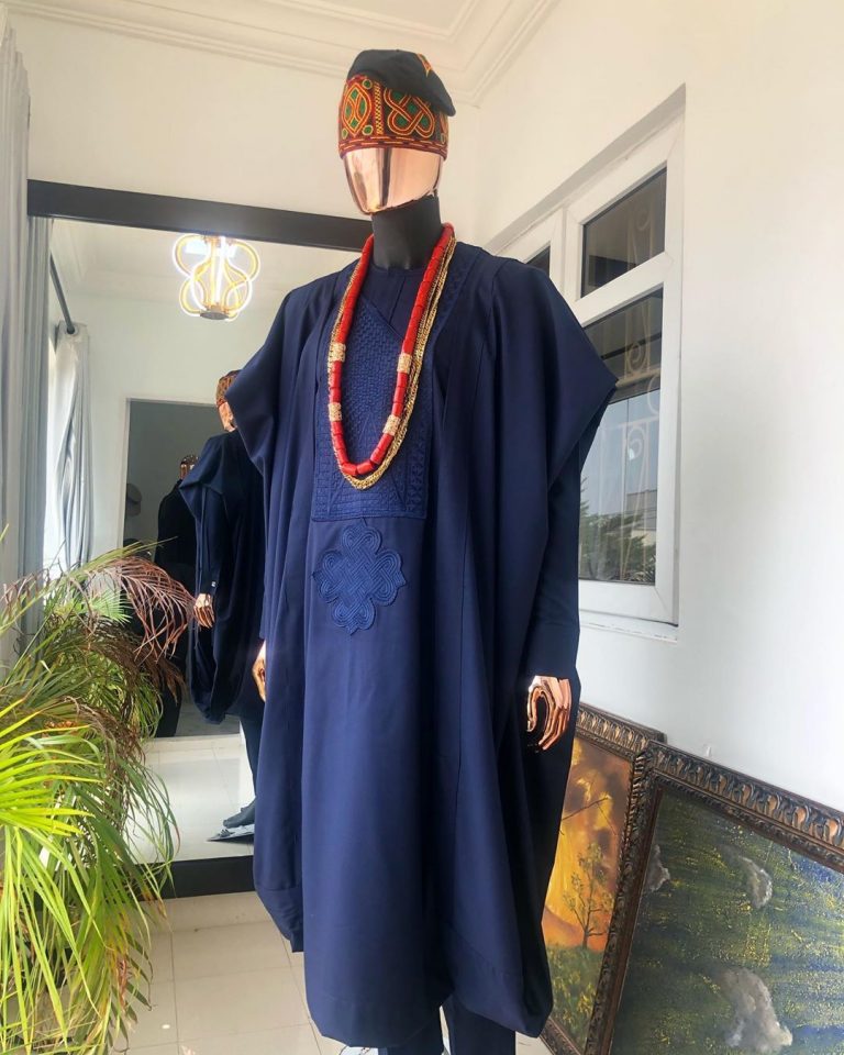 Navy Blue Mens Agbada & Hand Woven Egba Hat