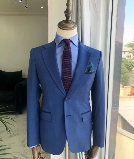 Shop “board room” navy blue peak lapel suit - Deji & Kola
