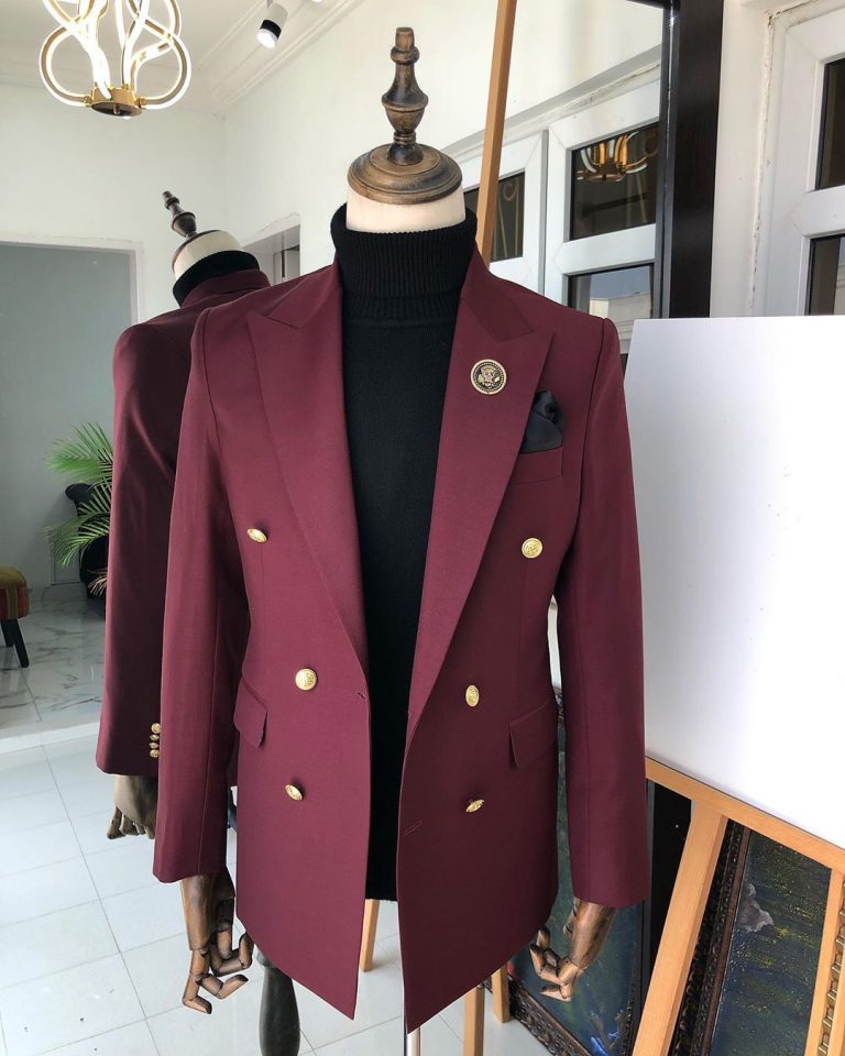 Shop Burgundy Double Breasted peak lapel Business suit Deji & Kola