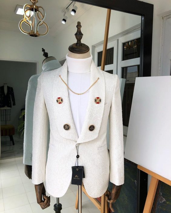 Shop White Jacquard “La casa De Papel” tuxedo Suit & Pant - Deji & Kola