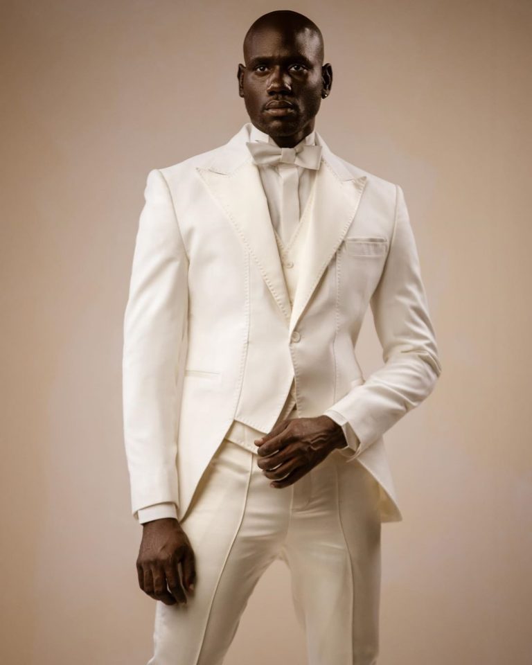 Shop Ivory White Peak lapel ''Short Front'' Tuxedo suit & pant - Deji ...