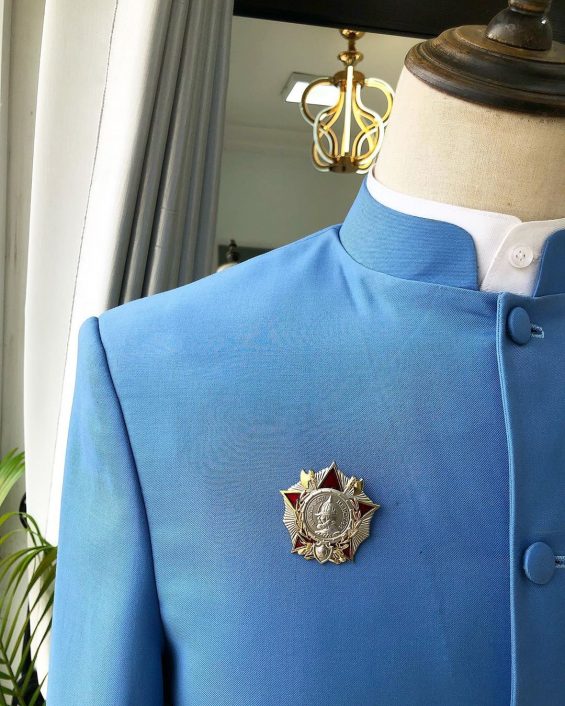 Shop Powdered Blue “clergyman” French safari Suit and pant Deji & Kola