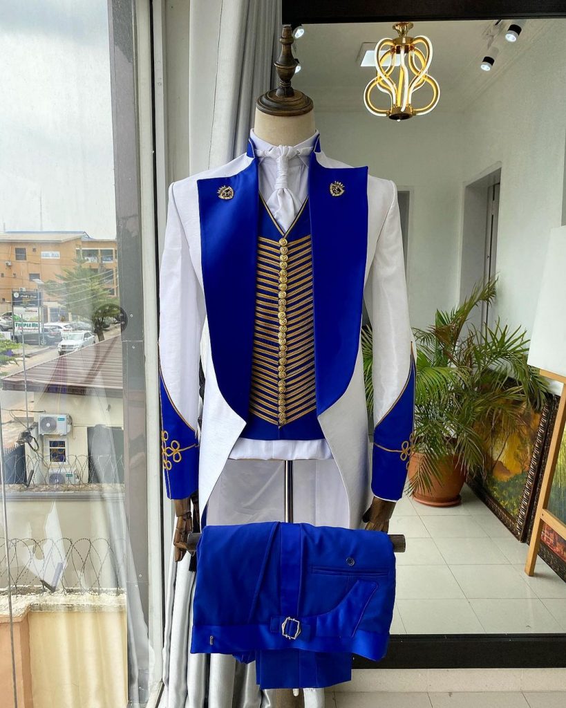 Shop Reloaded White & Blue silk trench “Showman” Suit -Deji & Kola