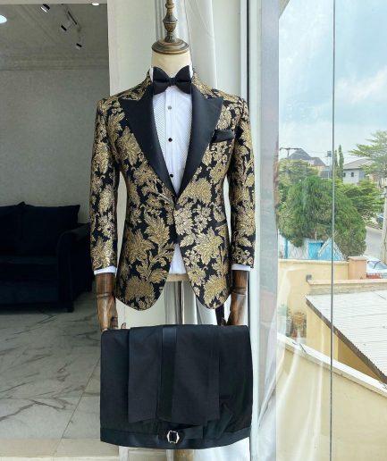 Shop Peak lapel gold and blue jacquard floral tuxedo suit - dejiandkola