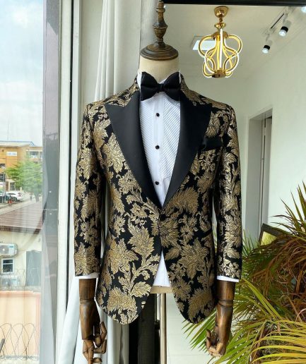 Shop Peak lapel gold and blue jacquard floral tuxedo suit - dejiandkola