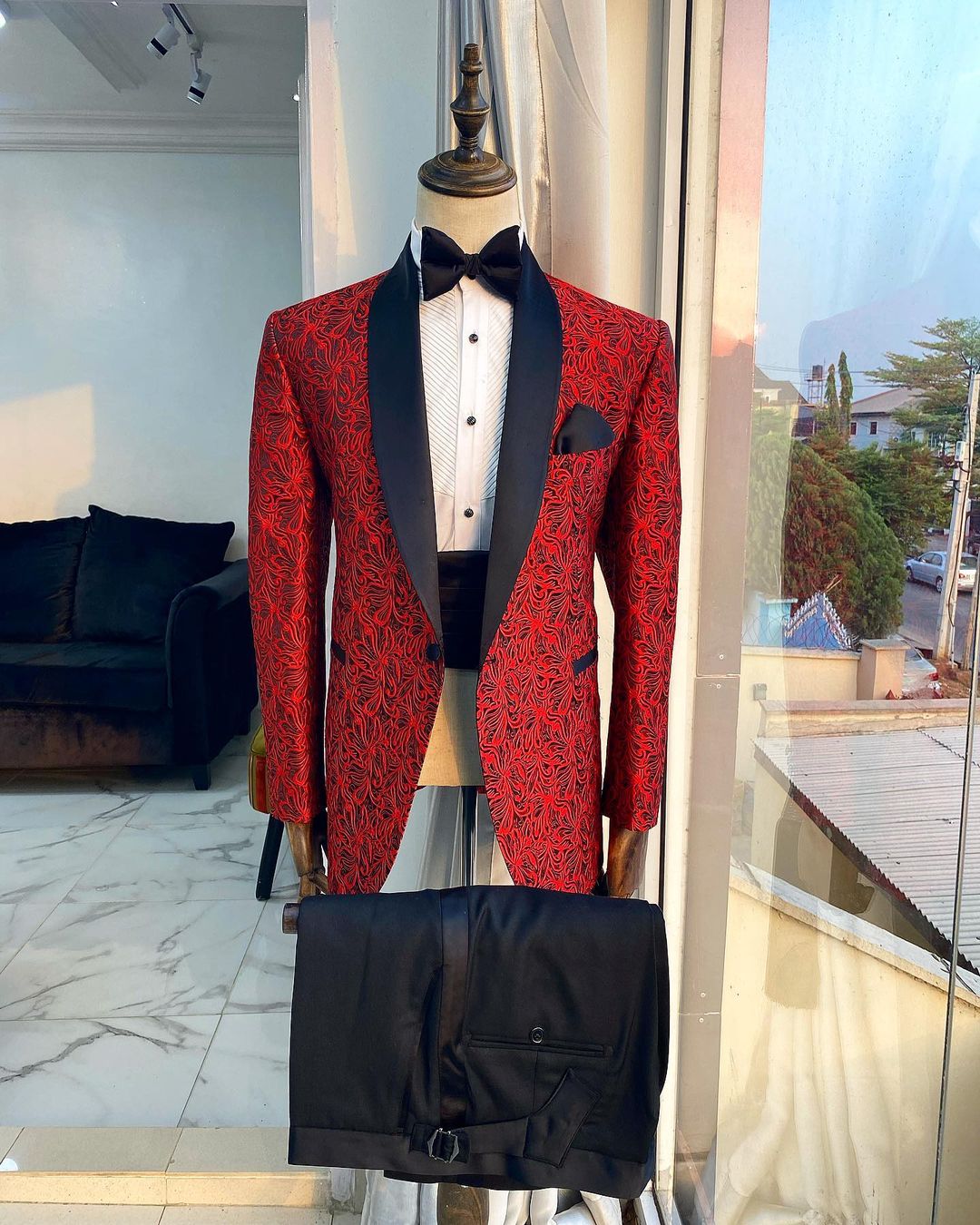 Shop Shawl lapel jacquard red & place patterned tuxedo suit, -Deji & Kola