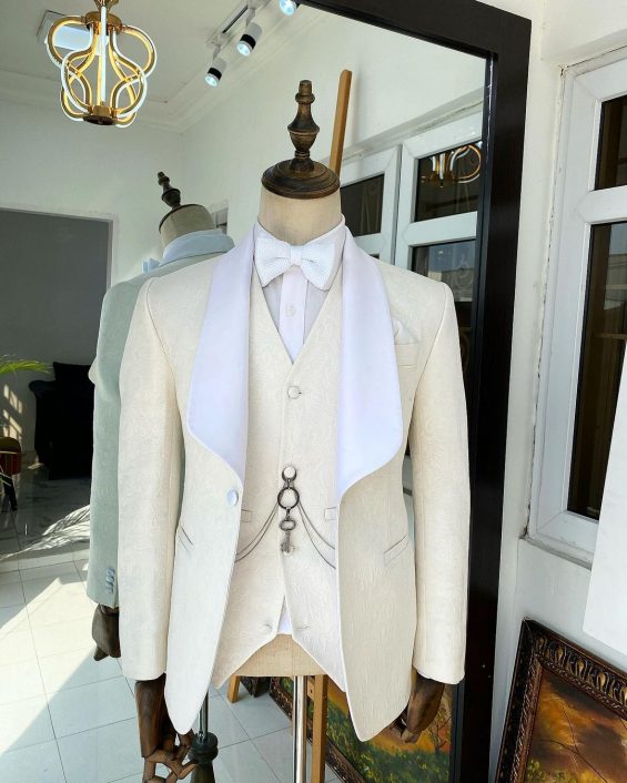 Shop Ivory White shawl lapel tuxedo suit and pant -Deji & Kola