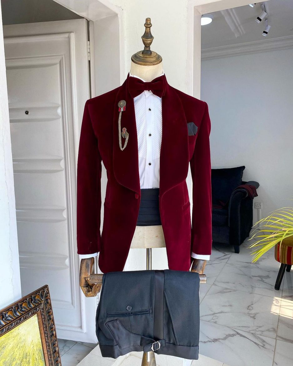 Shop Italian velvet burgundy Shawl lapel tuxedo suit and pant -Deji & Kola