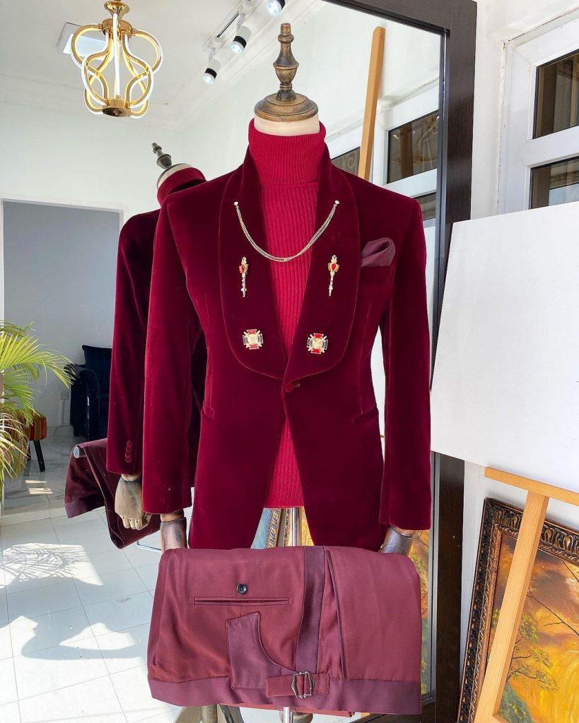 Shop Burgundy Velvet tuxedo suit and pant - Deji & Kola