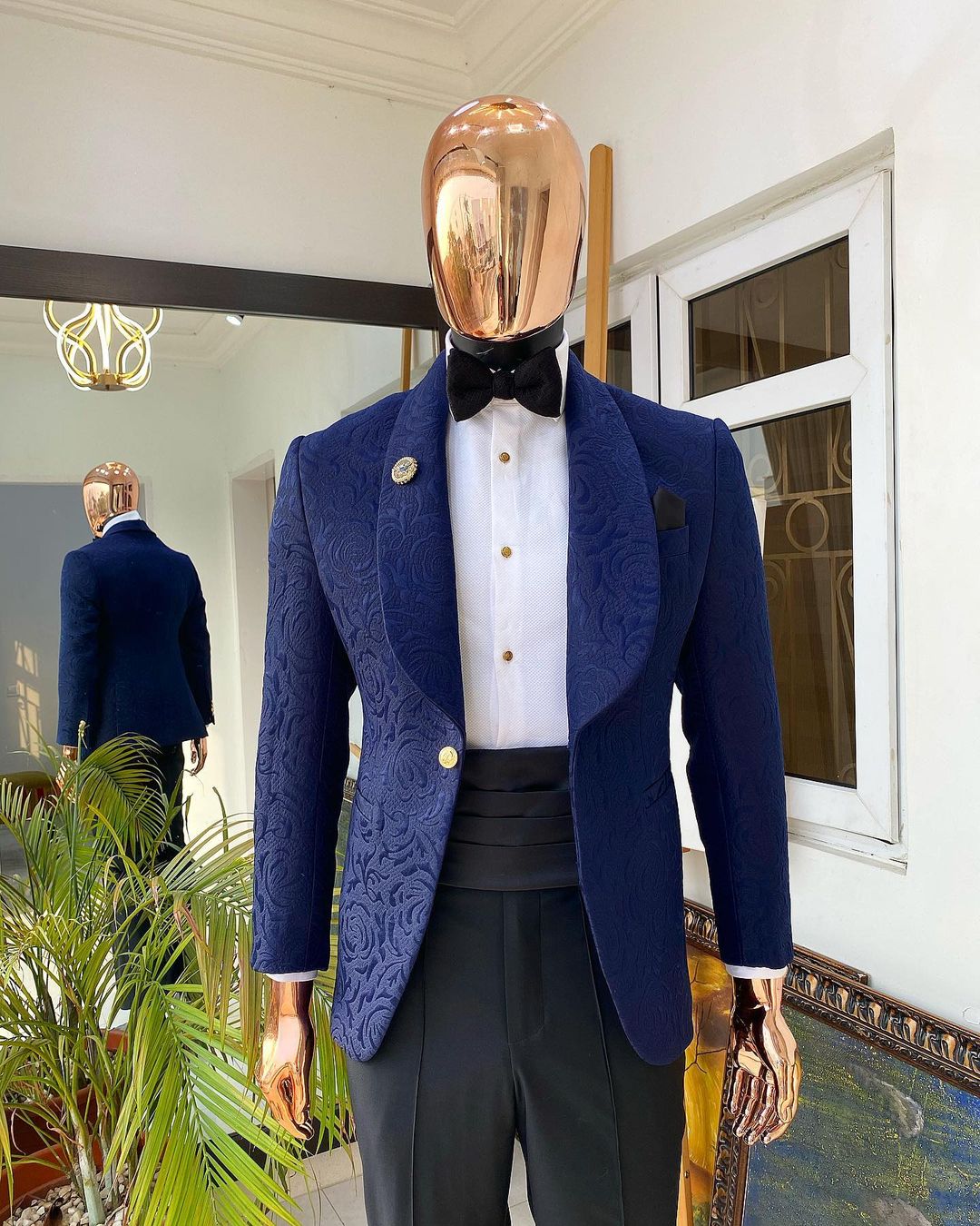 A “Vegas 1”, Floral pattern jacquard, shoulder wrap and sleeve with  Swarovski peak Lapel tux suit