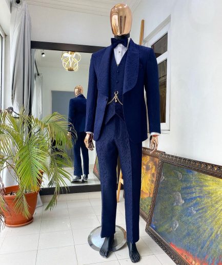 Shop Royal blue peak double breasted velvet lapel suit -Deji & Kola
