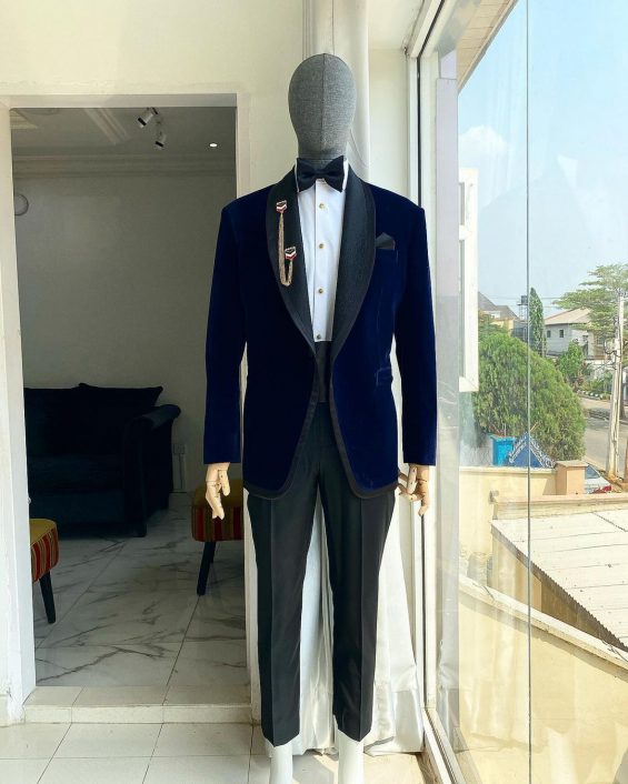 Shop Navy Blue velvet dinner shawl lapel tuxedo suit -Deji & Kola