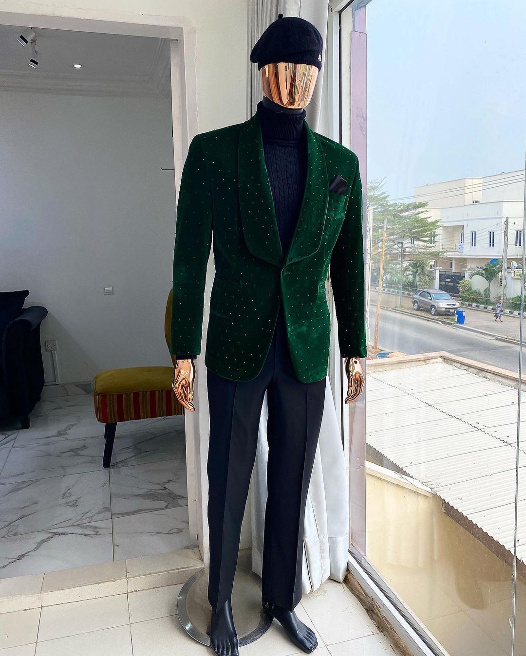Shop Emerald green velvet shawl lapel tuxedo suit and pant -Deji & Kola