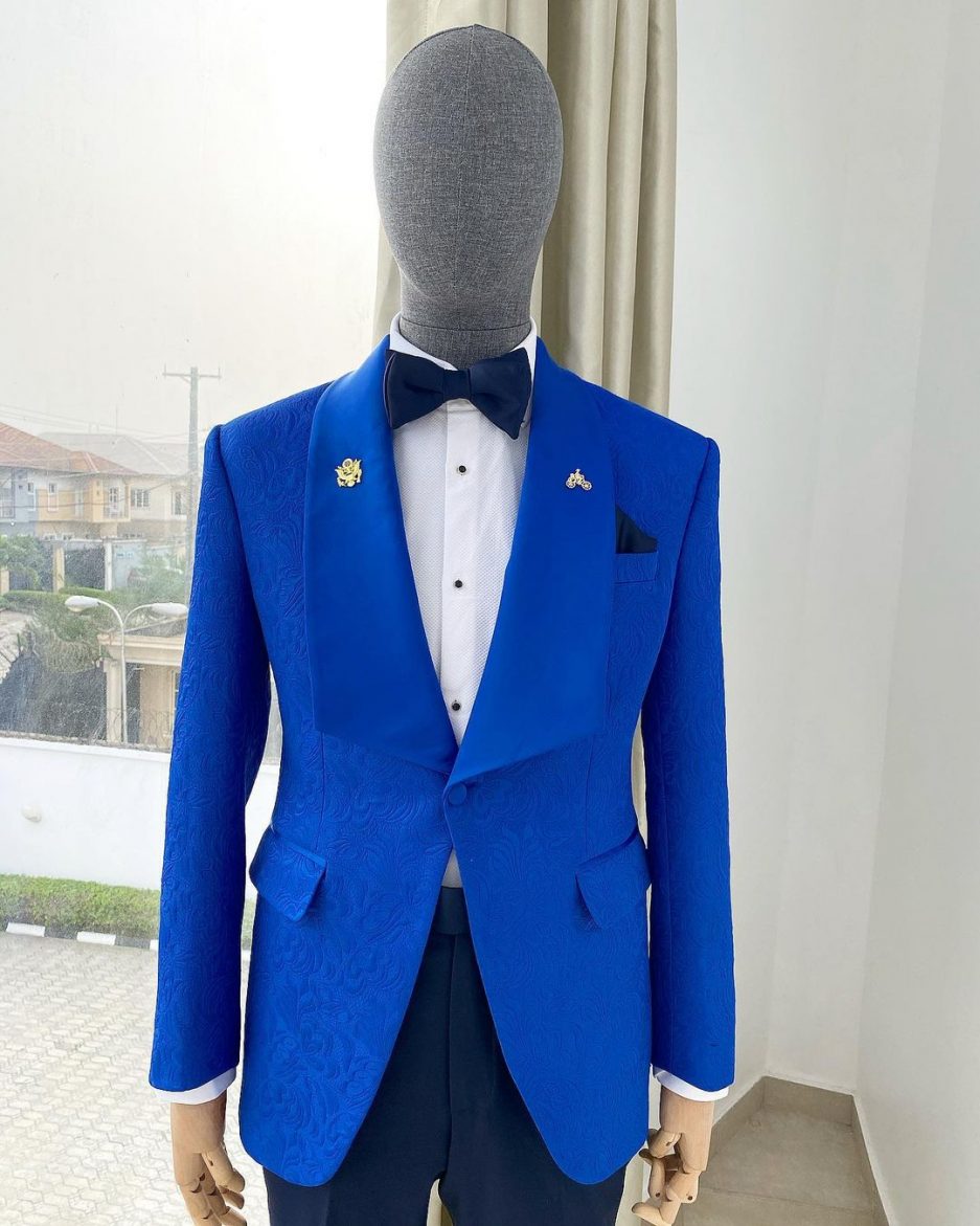 Shop Royal Blue floral jacquard shawl lapel tuxedo suit - Deji & Kola