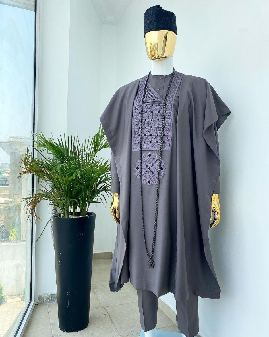 Shop Grey with Black and Grey Embroidery African Agbada - Deji & Kola