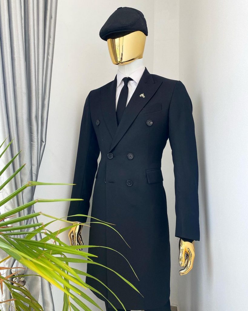 Shop Charcoal Black Bespoke “peaky blinders” peak lapel suit -Deji & Kola