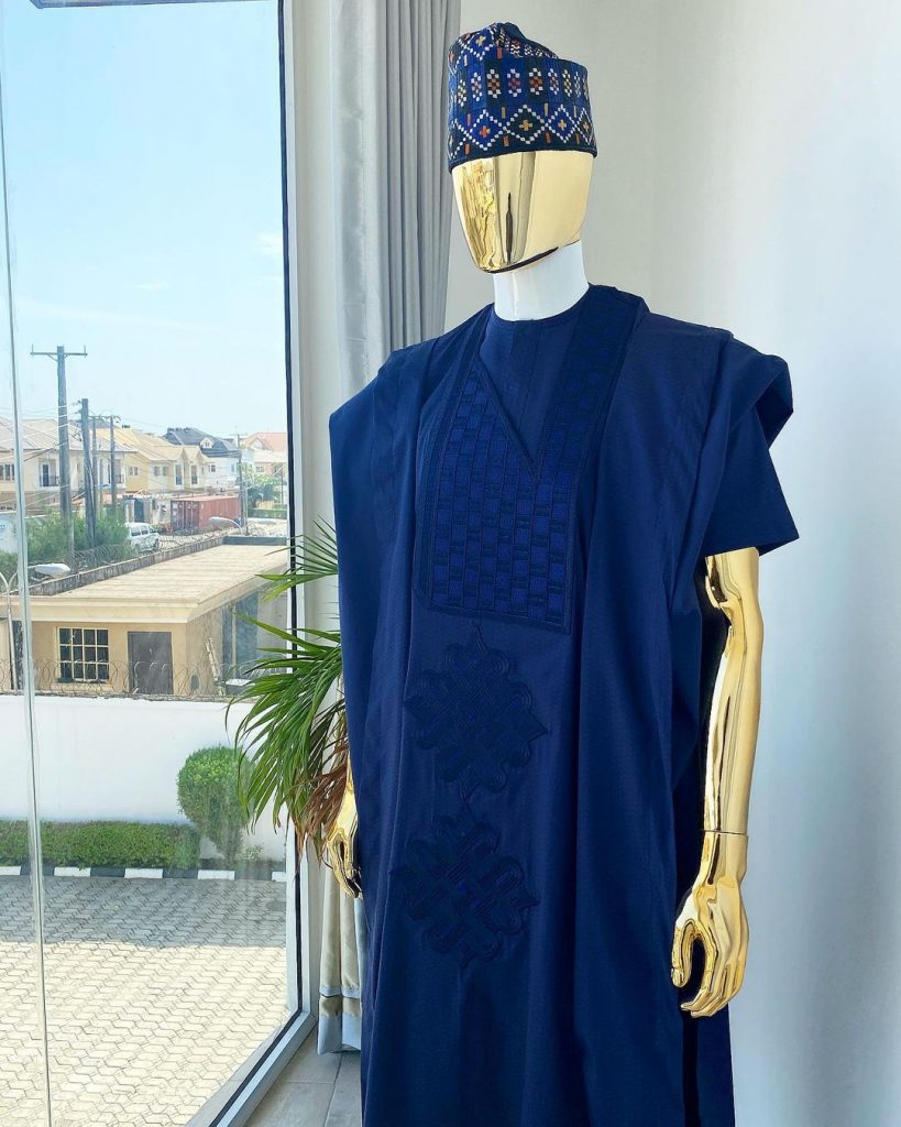 Shop Navy blue Voil with dotted embroidery African Agbada -Deji & Kola