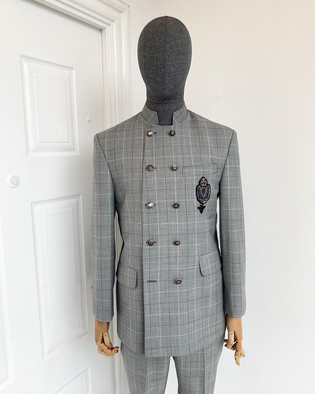 A Reloaded Grey Pin Stripe “French” double breasted safari suit and  matching pant trousers