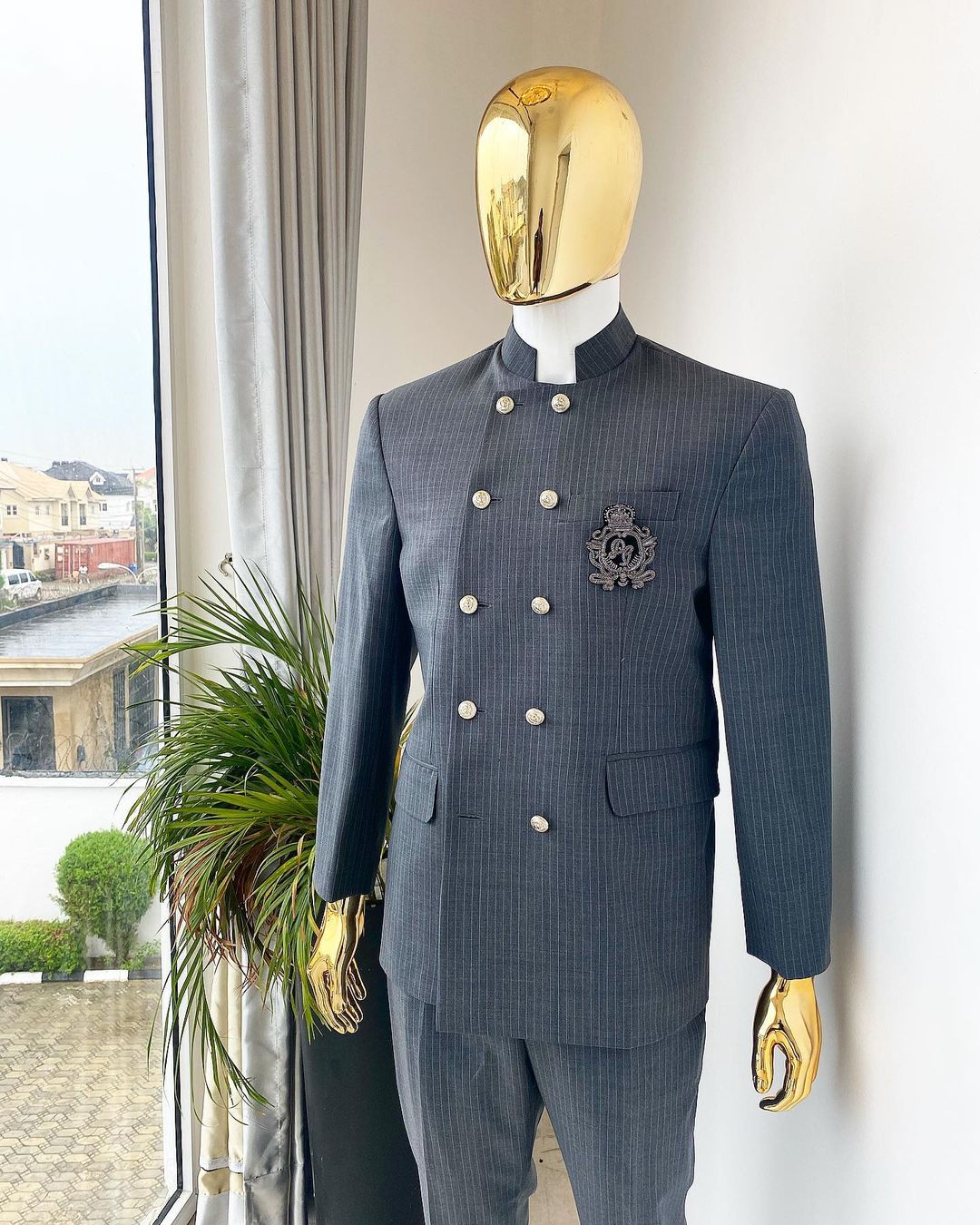 A Reloaded Grey Pin Stripe “French” double breasted safari suit and  matching pant trousers
