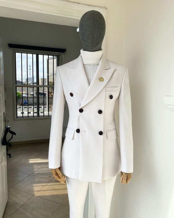 Shop White Triple Breasted Suit with Polished Brown Button -Deji & Kola