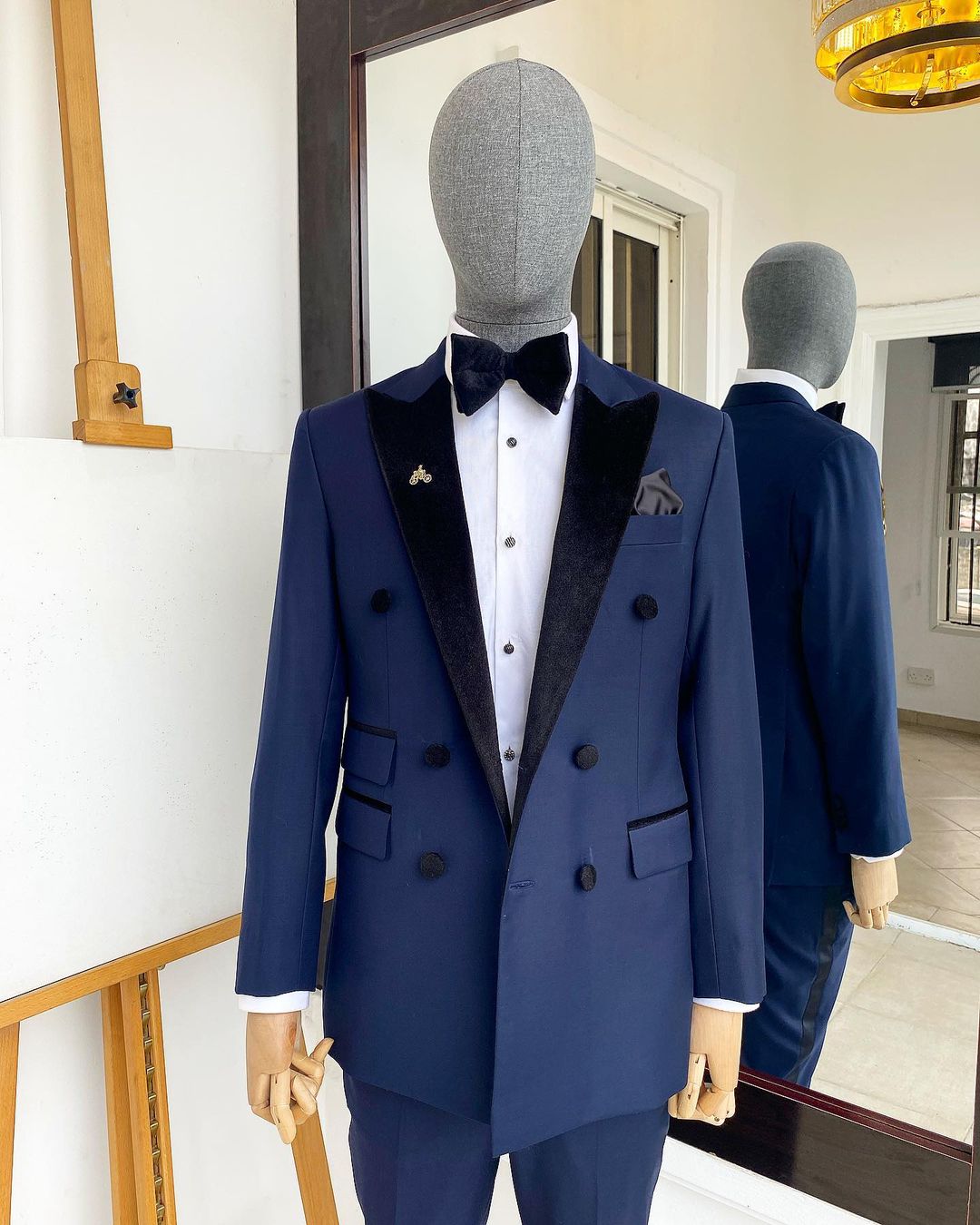 Shop Navy blue double breasted velvet peak lapel tuxedo suit -Deji&Kola