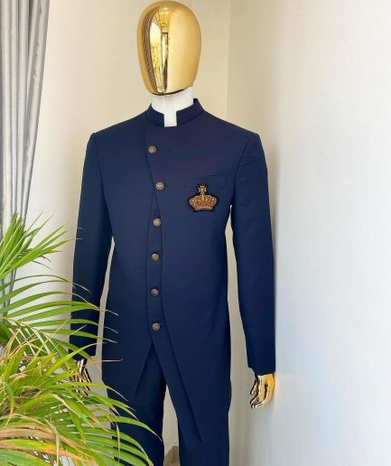 A midnight blue “French” safari suit and matching pant trousers