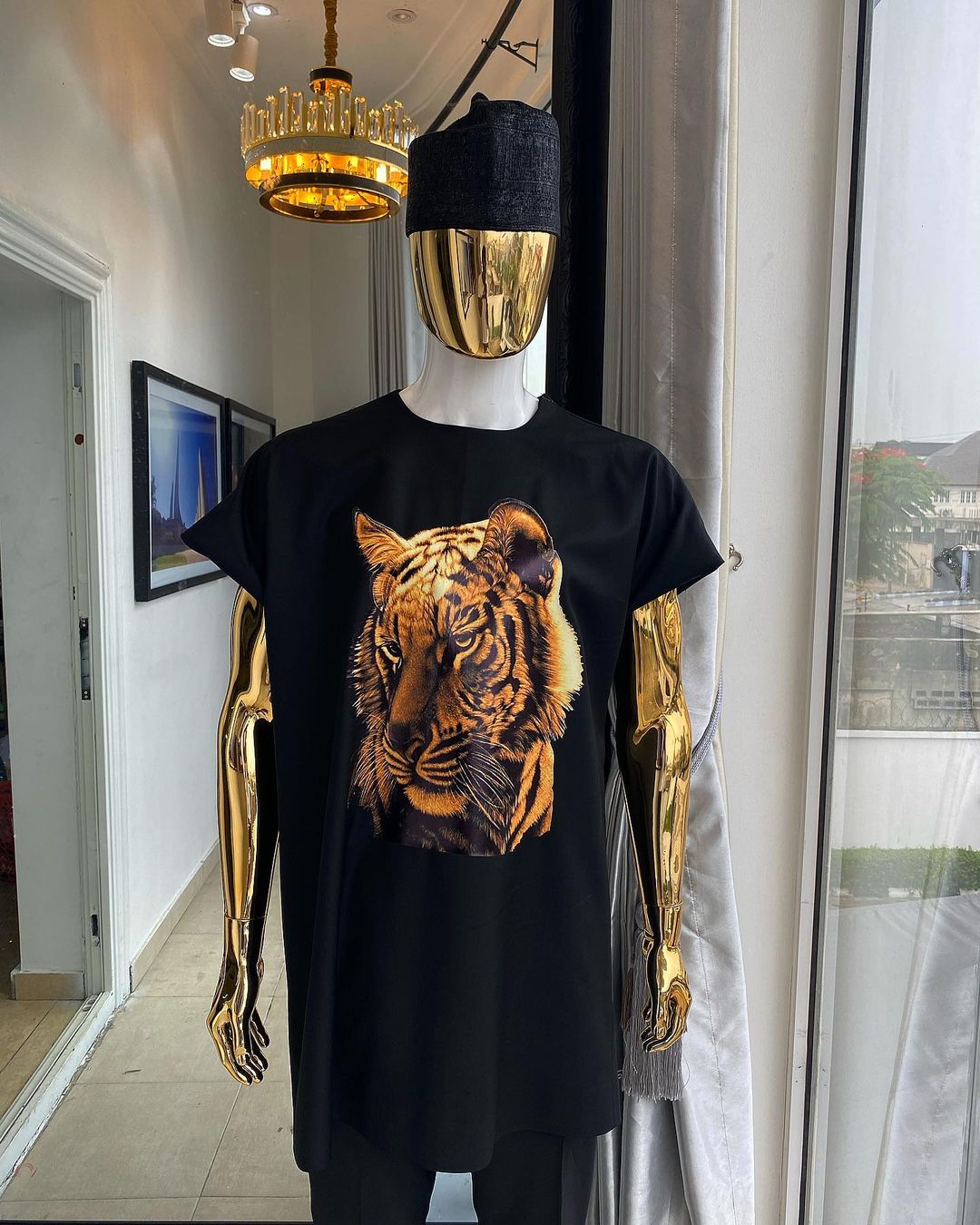 Shop Charcoal black “daftan” with a tiger prints - Deji & Kola