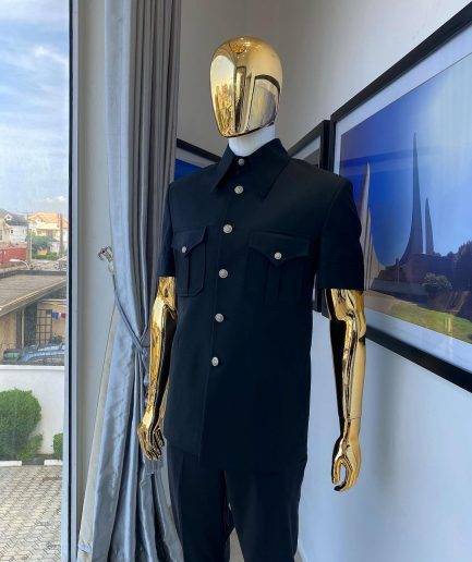 A Reloaded Charcoal black slant front with interconnected gold chain  “French” safari suit and matching pant trousers