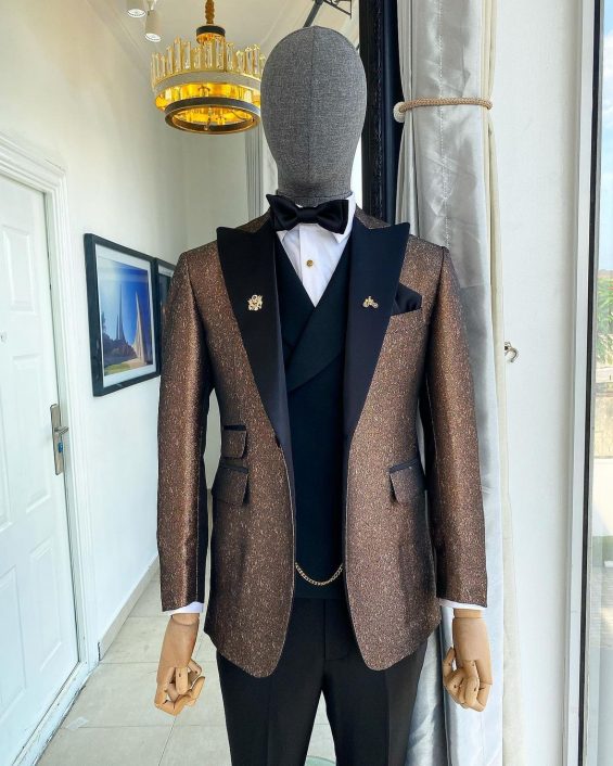 Shop Brunette brown “Mandarin” metallic jacquard tuxedo suit- Deji & kola