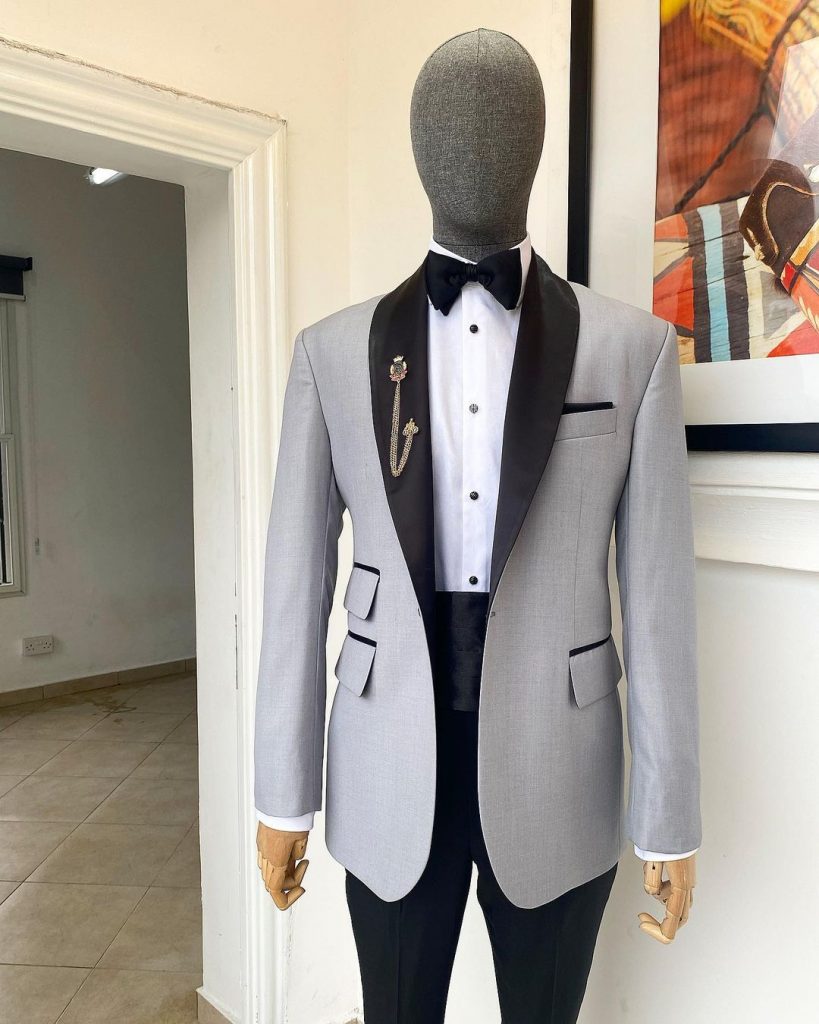 Shop Cloud Grey Shawl Lapel Tuxedo Suit Deji & kola