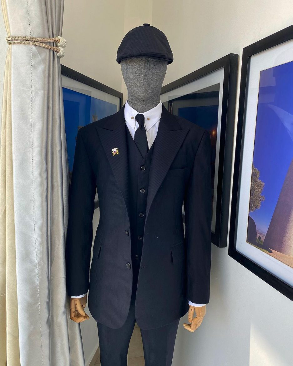 Shop Reloaded Charcoal black Eton fabric peak lapel suit -Deji & Kola