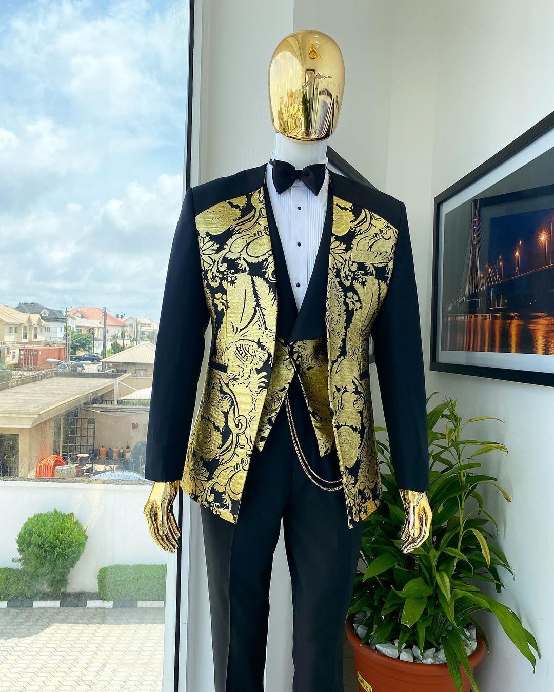 Jacquard Floral Suits for Men Wedding Black Gold Jacket Black Pant