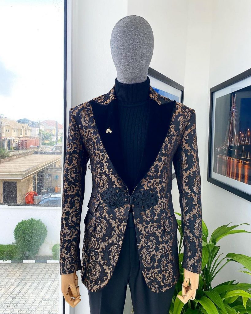 Shop Mandarin Peak Lapel with black Italian velvet suit -Deji & Kola
