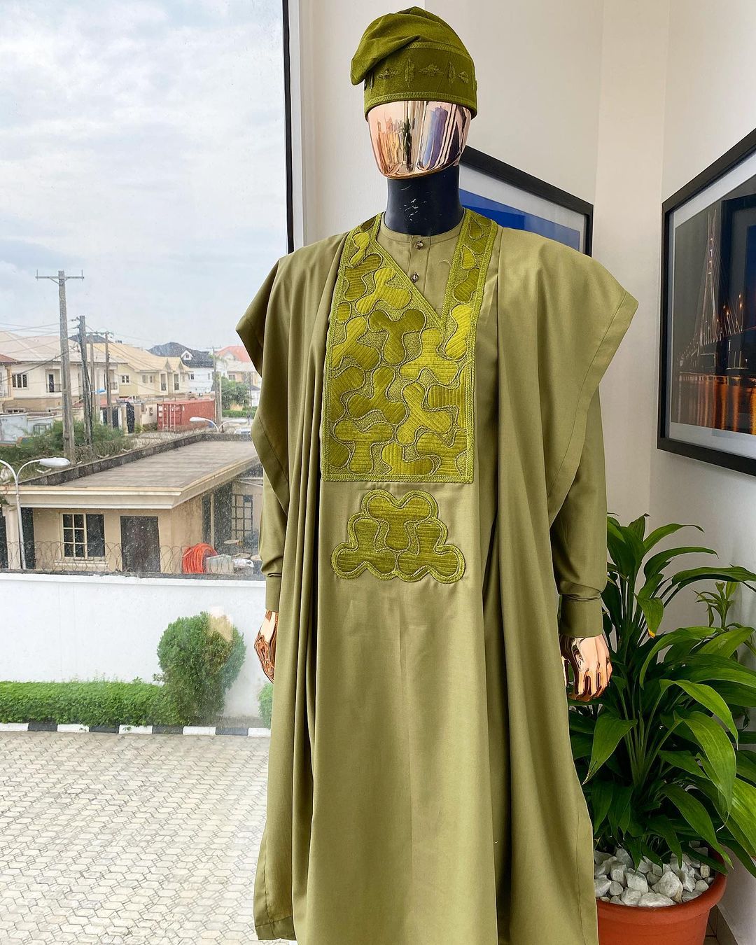 Shop Olive Green, Geometrical Embroidery African Agbada - Deji & Kola