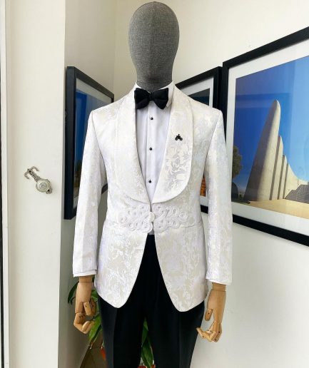 Shop Ivory White Shawl Lapel Floral Jacquard Tuxedo Suit -Deji & Kola