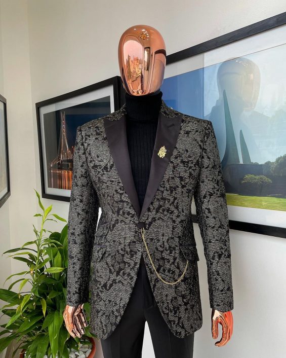 Shop Metallic coarse pattern jacquard peak lapel tuxedo Suit -Deji & Kola