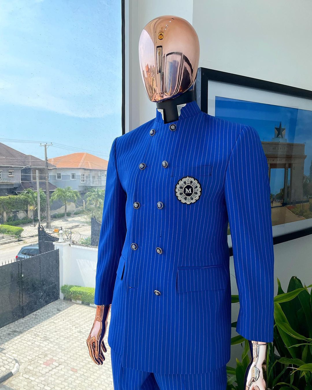 Shop Navy blue Soaked Italian velvet, Long Sleeve safari suit - Deji & Kola