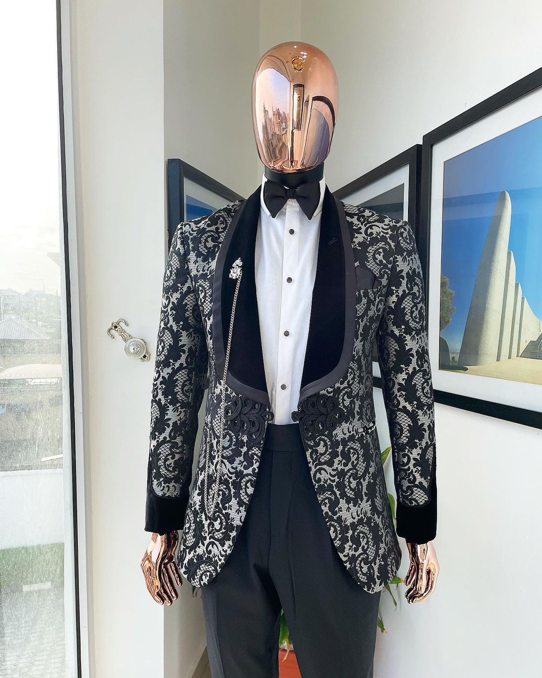 Mens Silver Floral Black Tuxedo Suit 3 Piece Wedding Prom Party