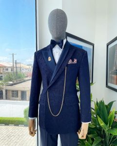 Shop Navy blue jacquard “Arthur Richards” tuxedo suit.-Deji & Kola