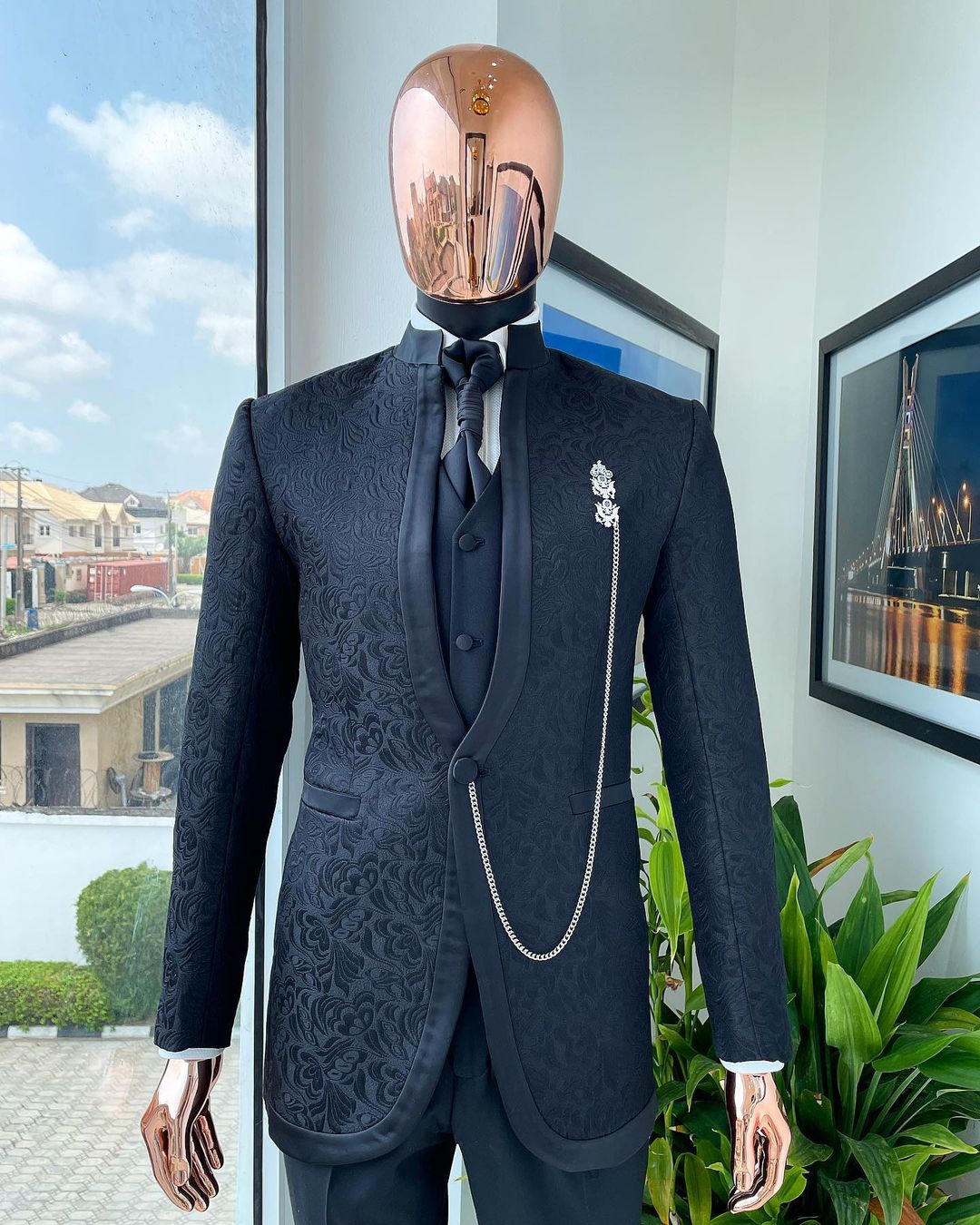 Shop Charcoal Black Single Button Bishop Neck Suit -Deji & Kola