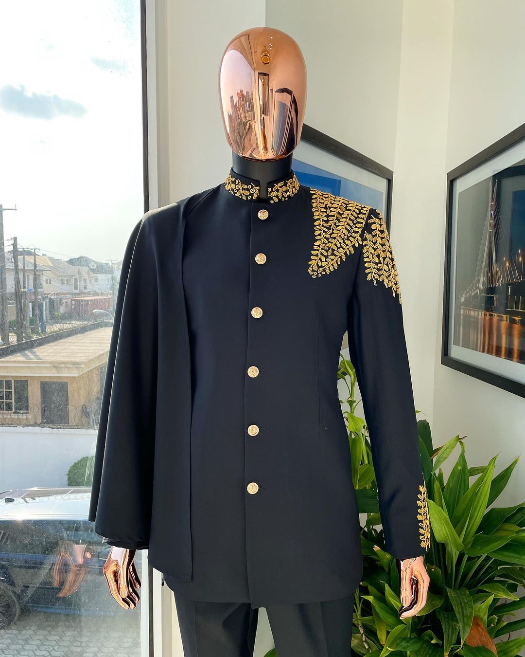 A Reloaded Charcoal Black Slant Front With Interconnected Gold Chain “French”  Safari Suit And Matching Pant Trousers