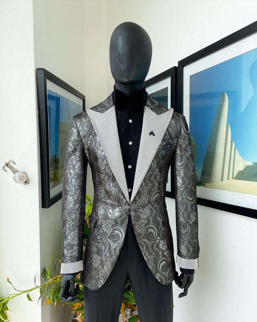 Shop The “Jackson”, Ash & shadow grey metallic jacquard suit, Deji & Kola