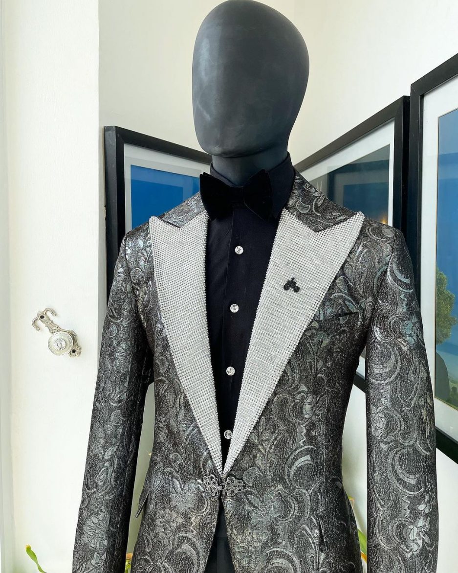 Shop The “Jackson”, Ash & shadow grey metallic jacquard suit, Deji & Kola