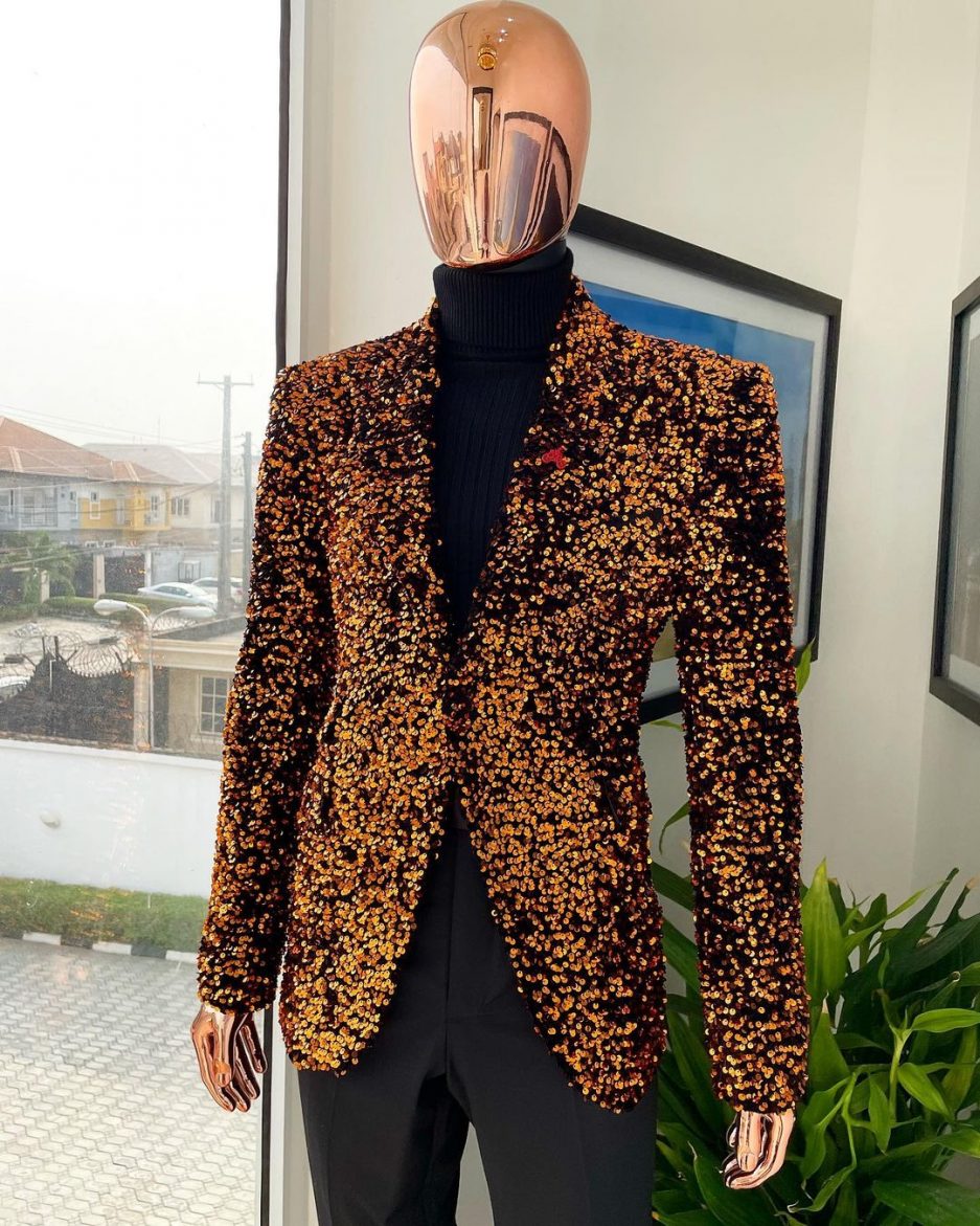 Shop “Young & Restless” fire orange peak lapel suit - Deji & Kola