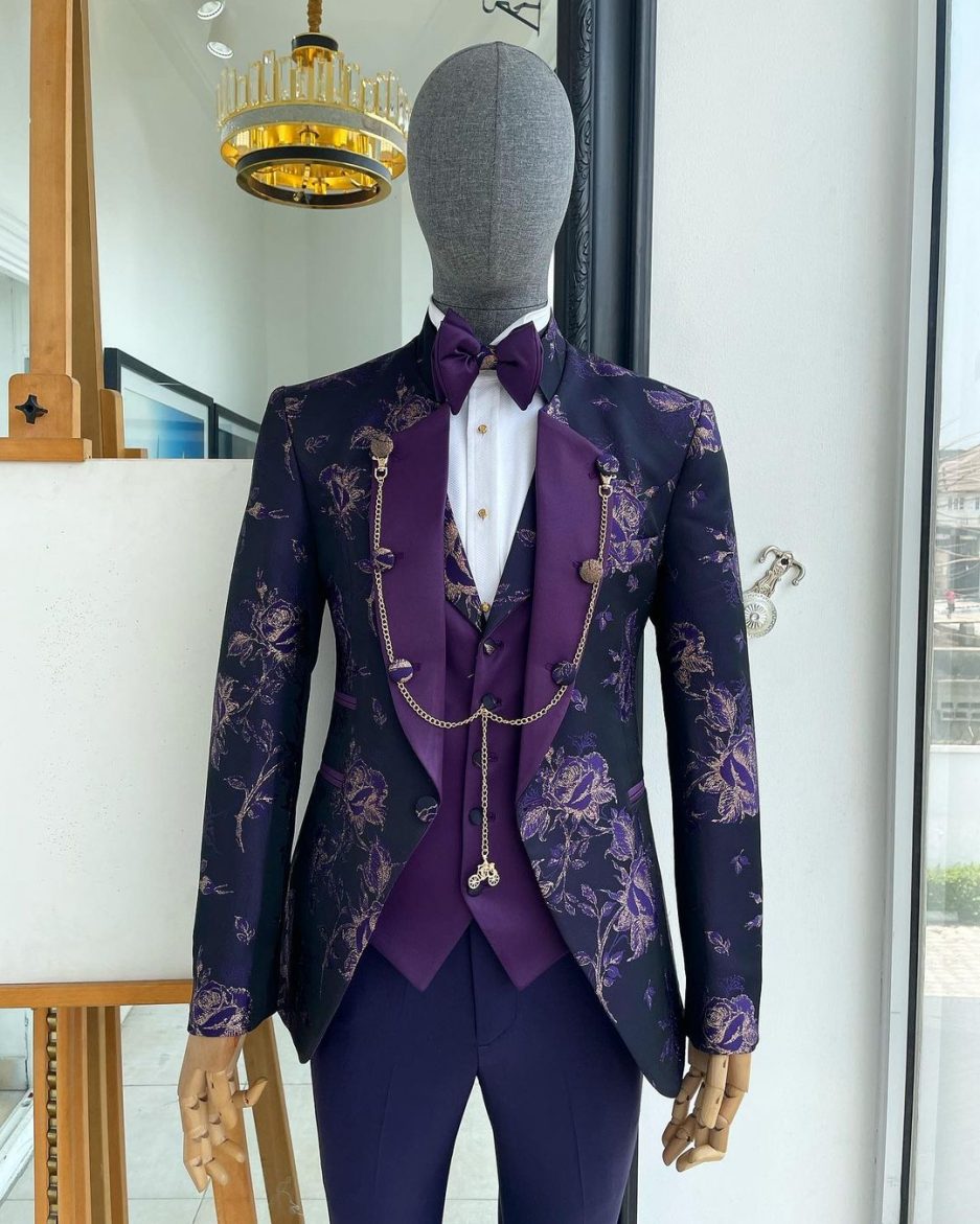Shop “Vicar” Egg plant purple with splash of gold floral tuxedo - Deji & Kola