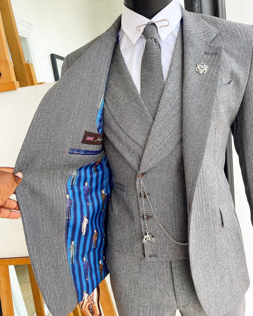 Shop Lava Grey, herringbone-patterned fabric Jorgecarli Suit- Deji & Kola