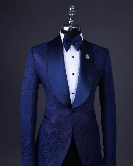 Shop Navy Blue Shawl Lapel Floral Jacquard Tuxedo Suit - Deji&Kola